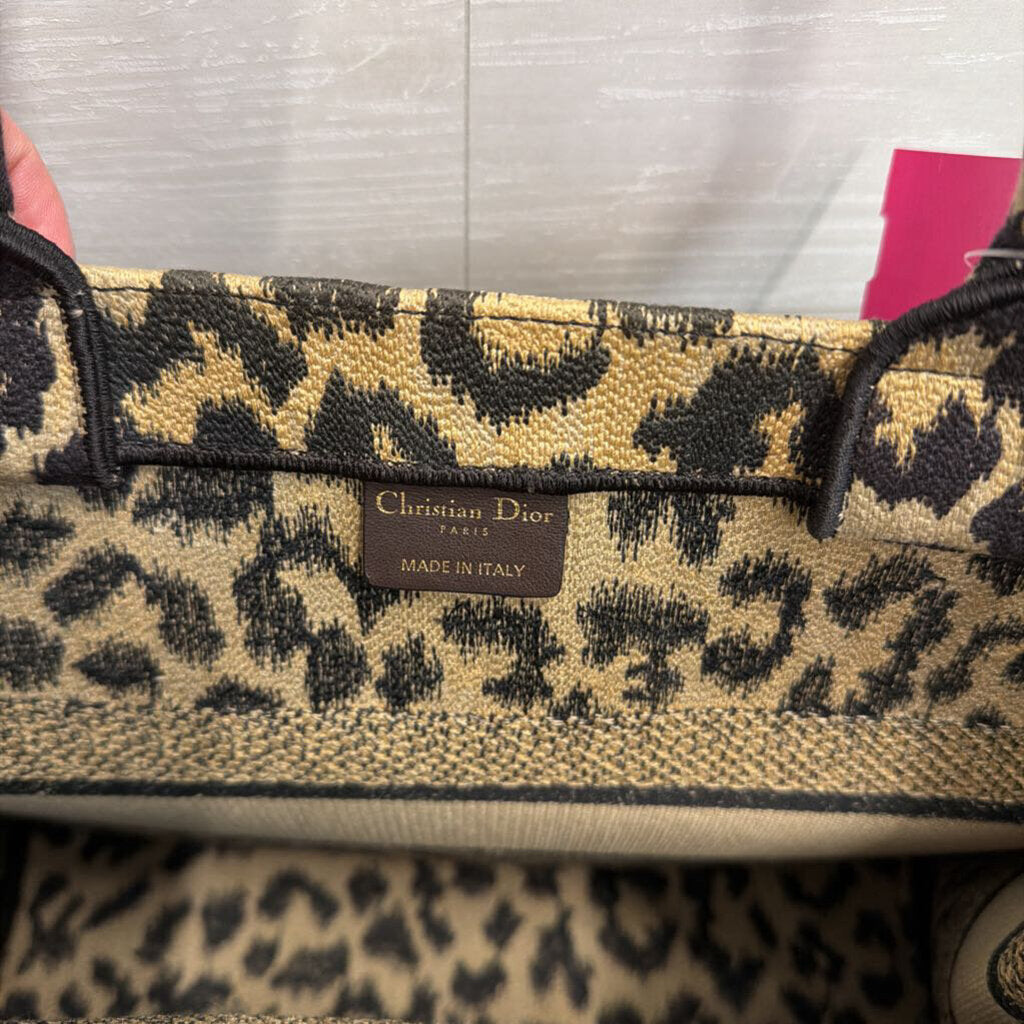 Christian Dior Brown/ Black Embroidered Canvas Mizza Leopard Book Tote Purse