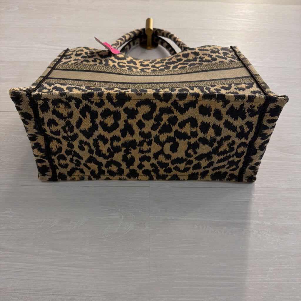 Christian Dior Brown/ Black Embroidered Canvas Mizza Leopard Book Tote Purse