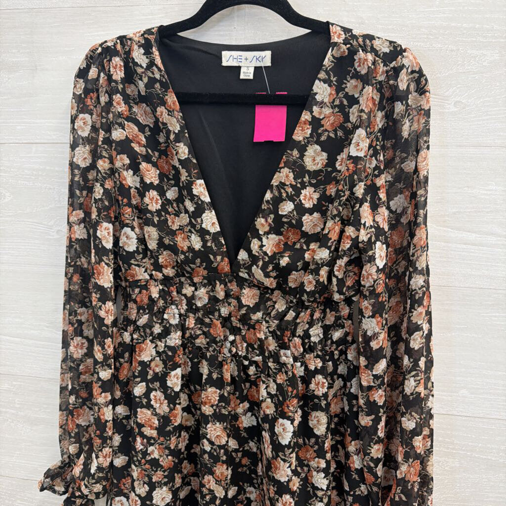 She and Sky Black/ Multi Floral Print Long Sleeve Dress Small