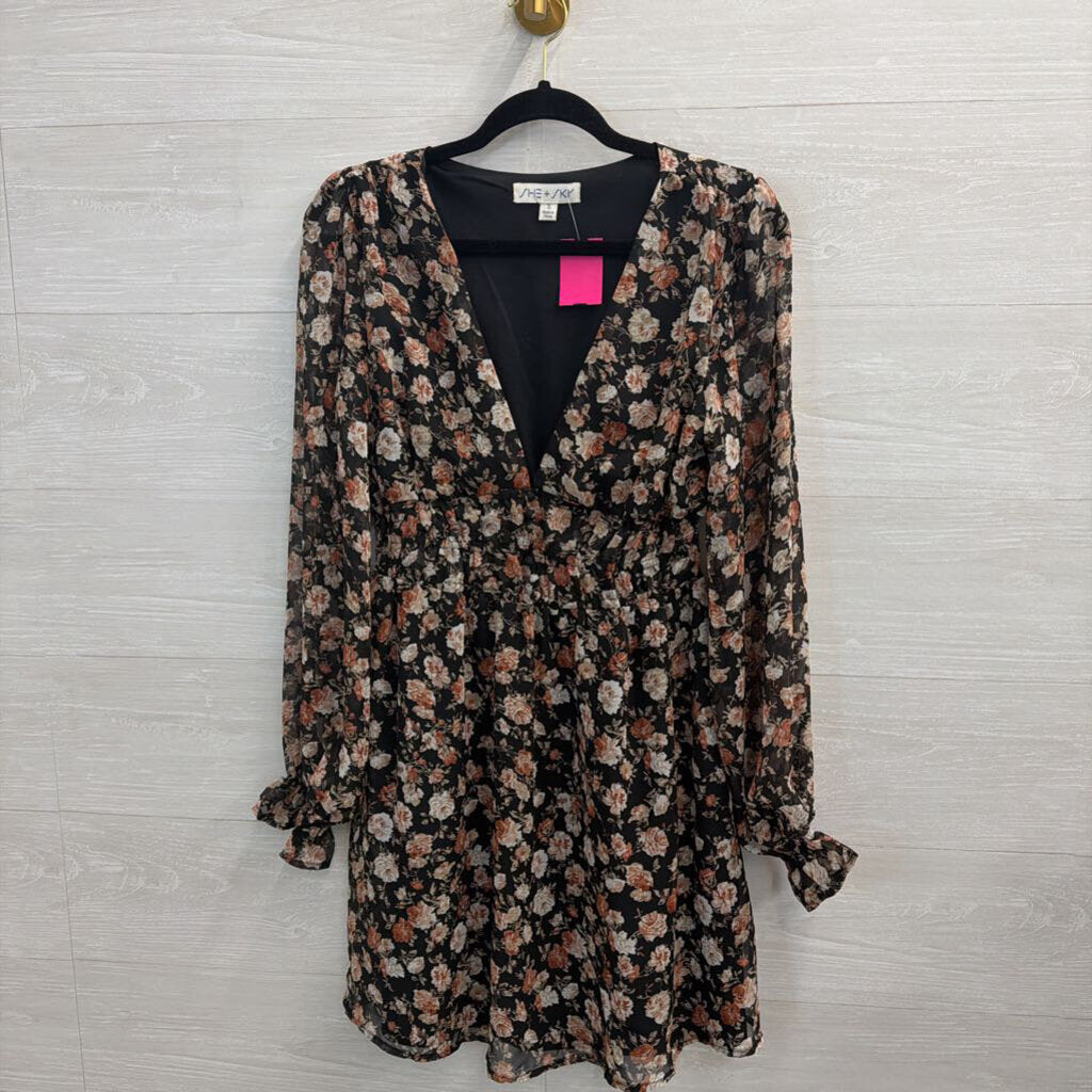 She and Sky Black/ Multi Floral Print Long Sleeve Dress Small