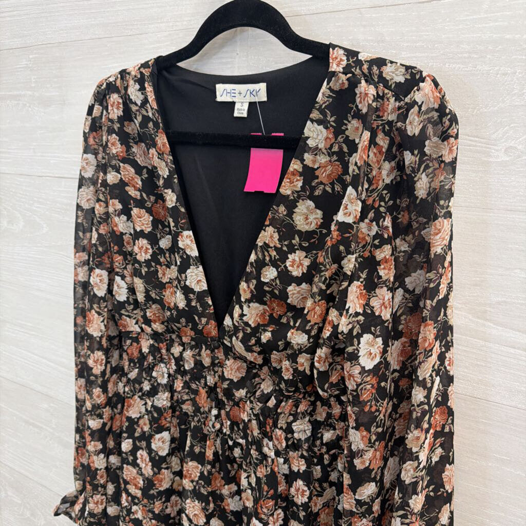 She and Sky Black/ Multi Floral Print Long Sleeve Dress Small