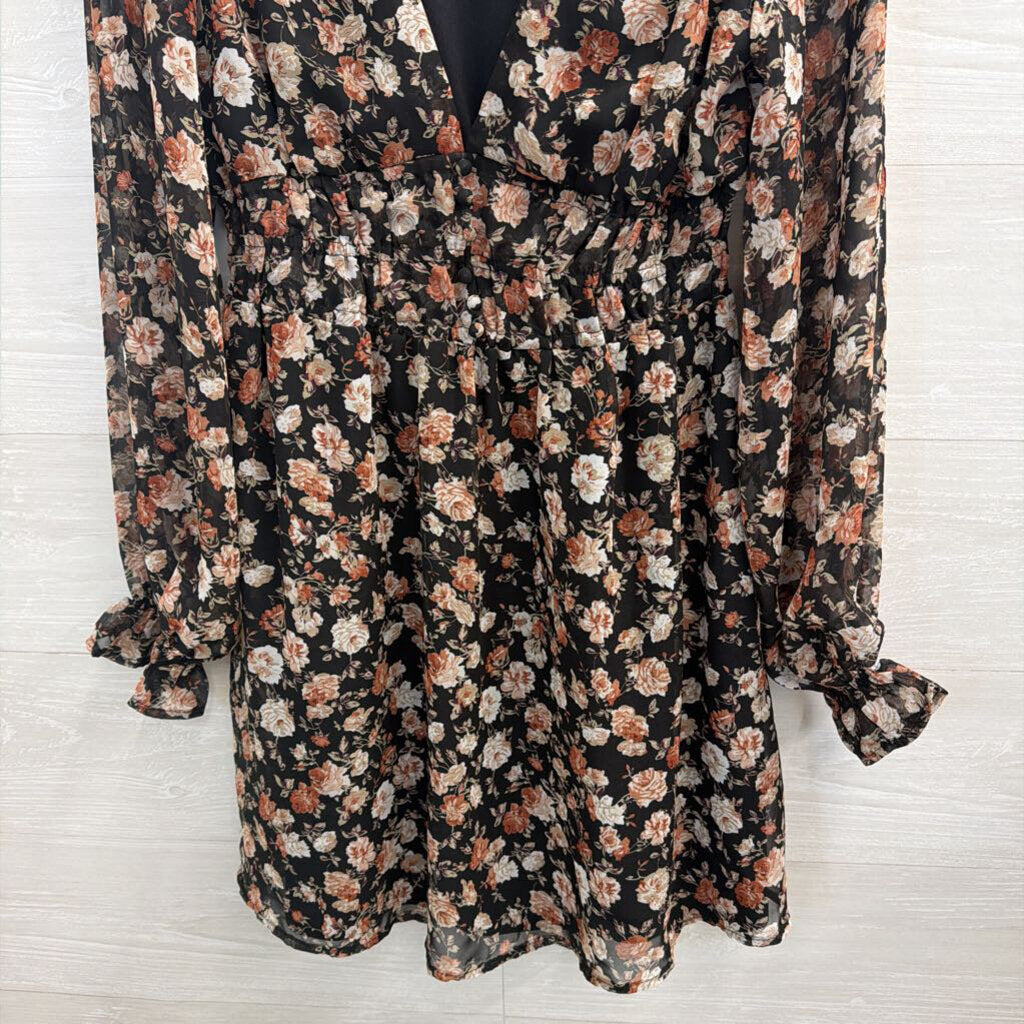 She and Sky Black/ Multi Floral Print Long Sleeve Dress Small