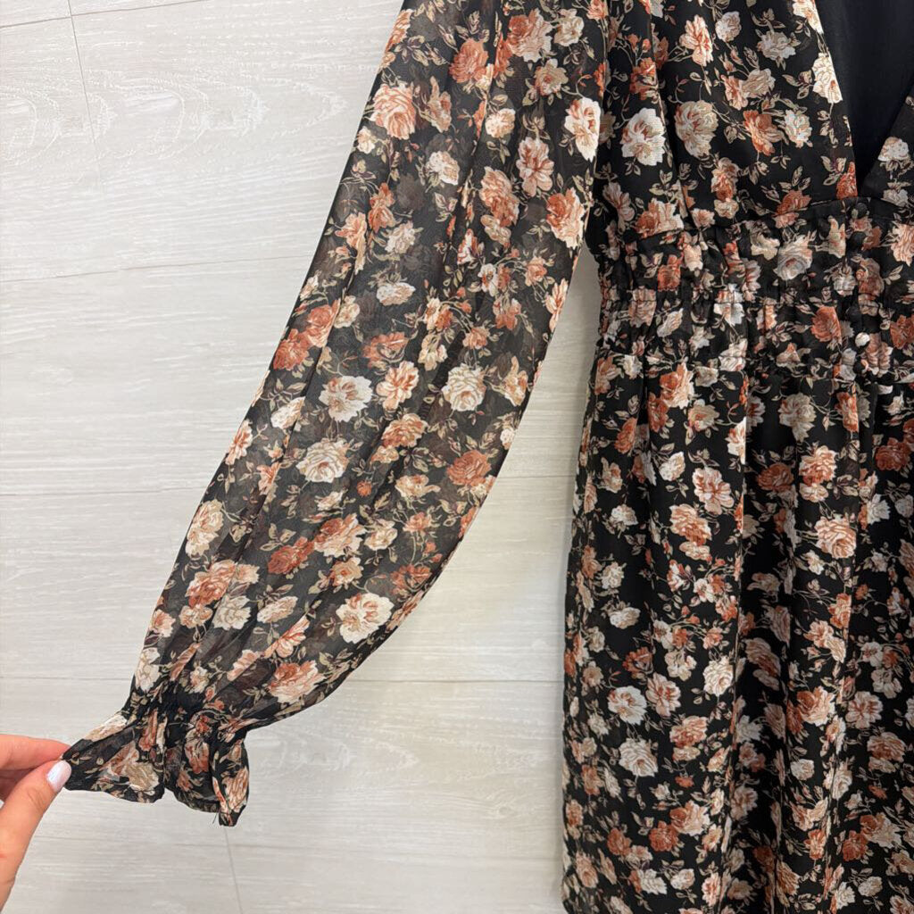 She and Sky Black/ Multi Floral Print Long Sleeve Dress Small