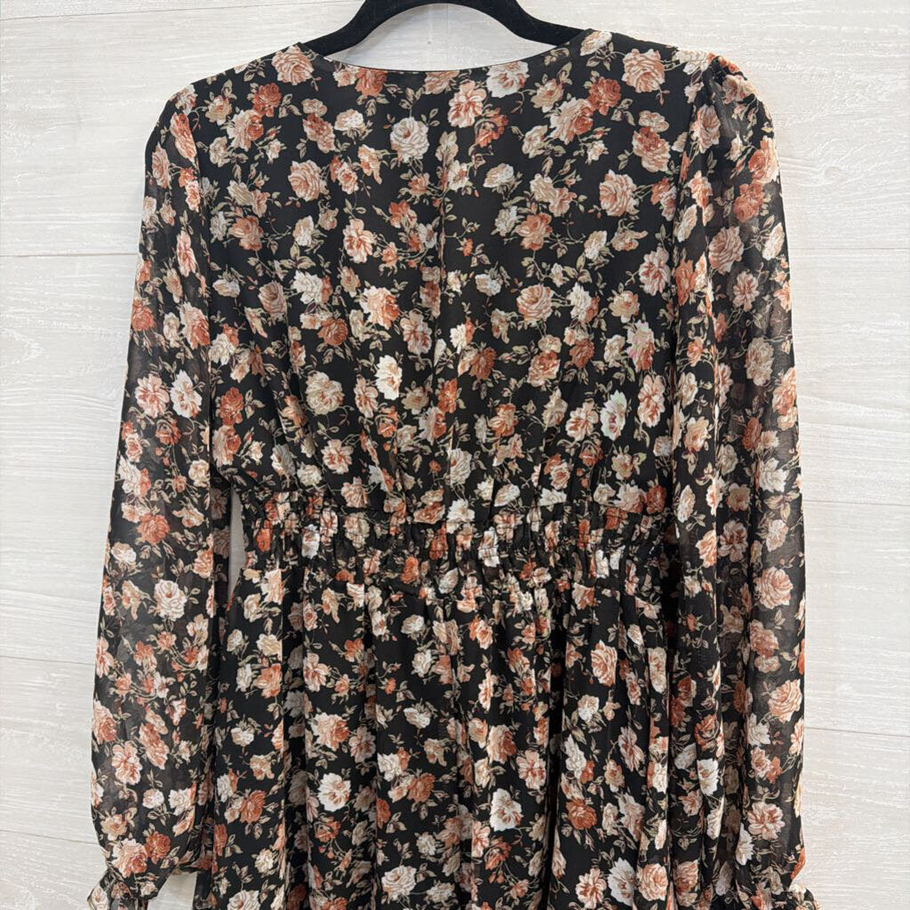 She and Sky Black/ Multi Floral Print Long Sleeve Dress Small