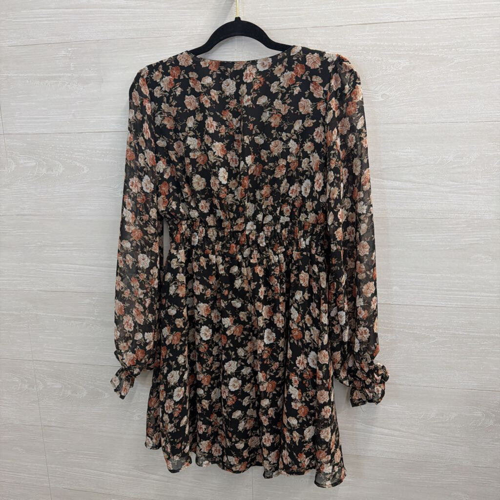 She and Sky Black/ Multi Floral Print Long Sleeve Dress Small