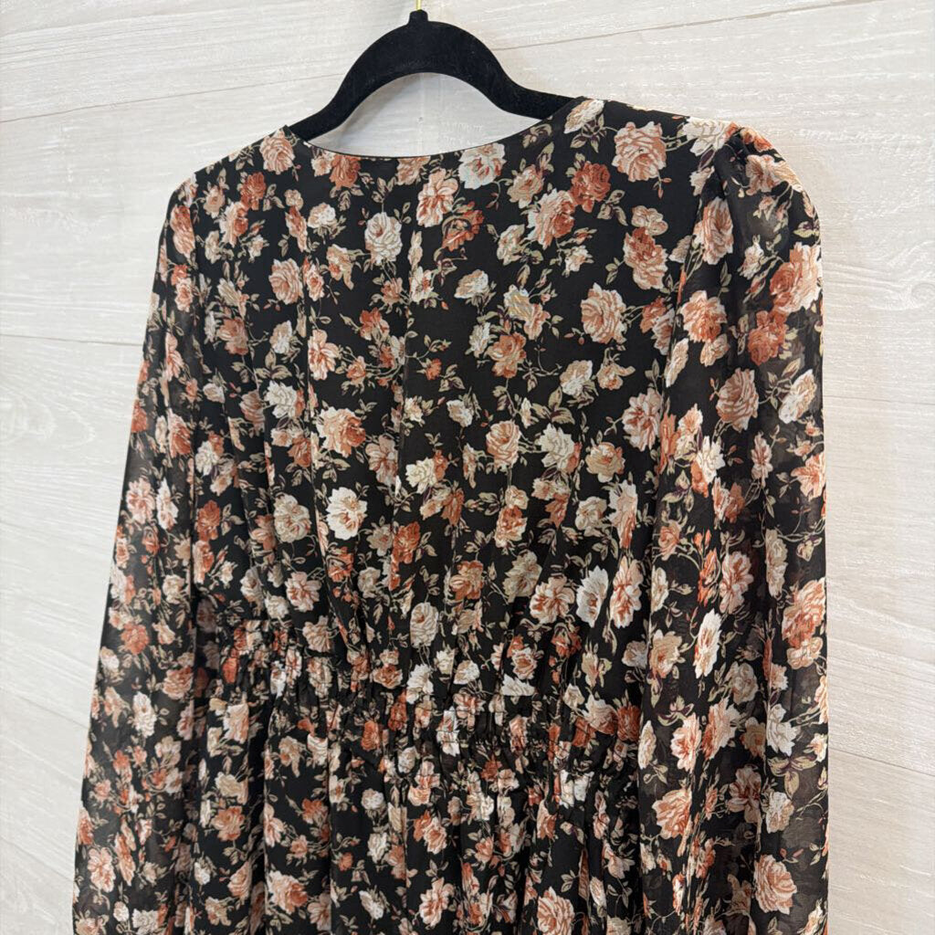 She and Sky Black/ Multi Floral Print Long Sleeve Dress Small