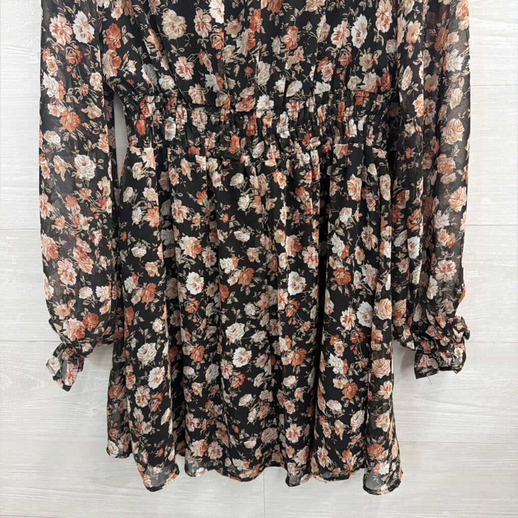 She and Sky Black/ Multi Floral Print Long Sleeve Dress Small
