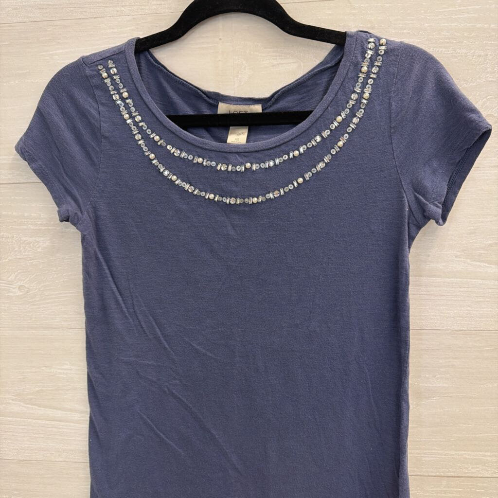 Loft Blue Embellished Neckline Short Sleeve Top Extra Small