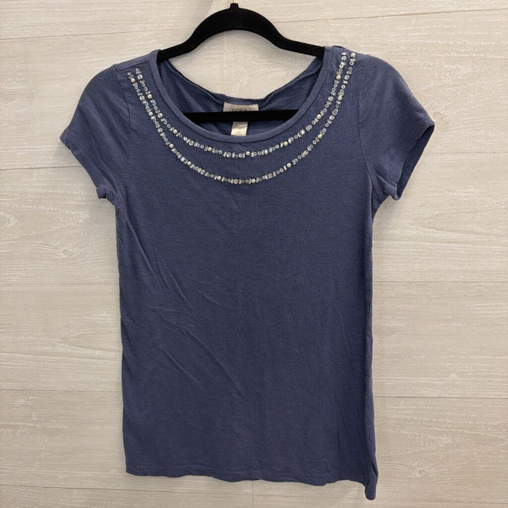 Loft Blue Embellished Neckline Short Sleeve Top Extra Small
