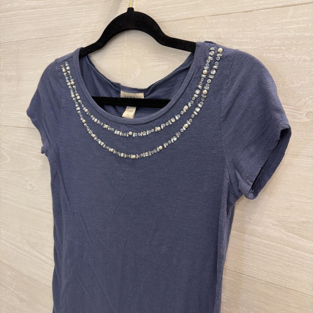 Loft Blue Embellished Neckline Short Sleeve Top Extra Small