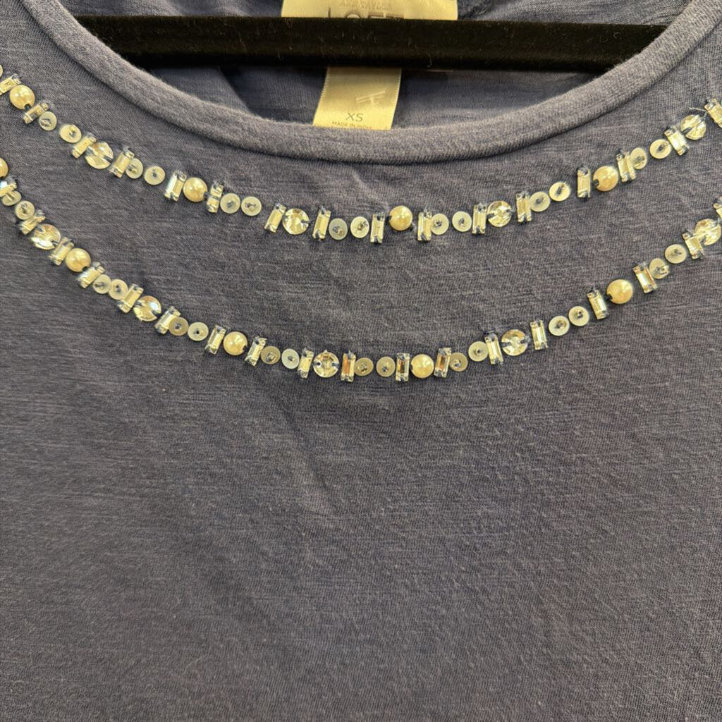 Loft Blue Embellished Neckline Short Sleeve Top Extra Small
