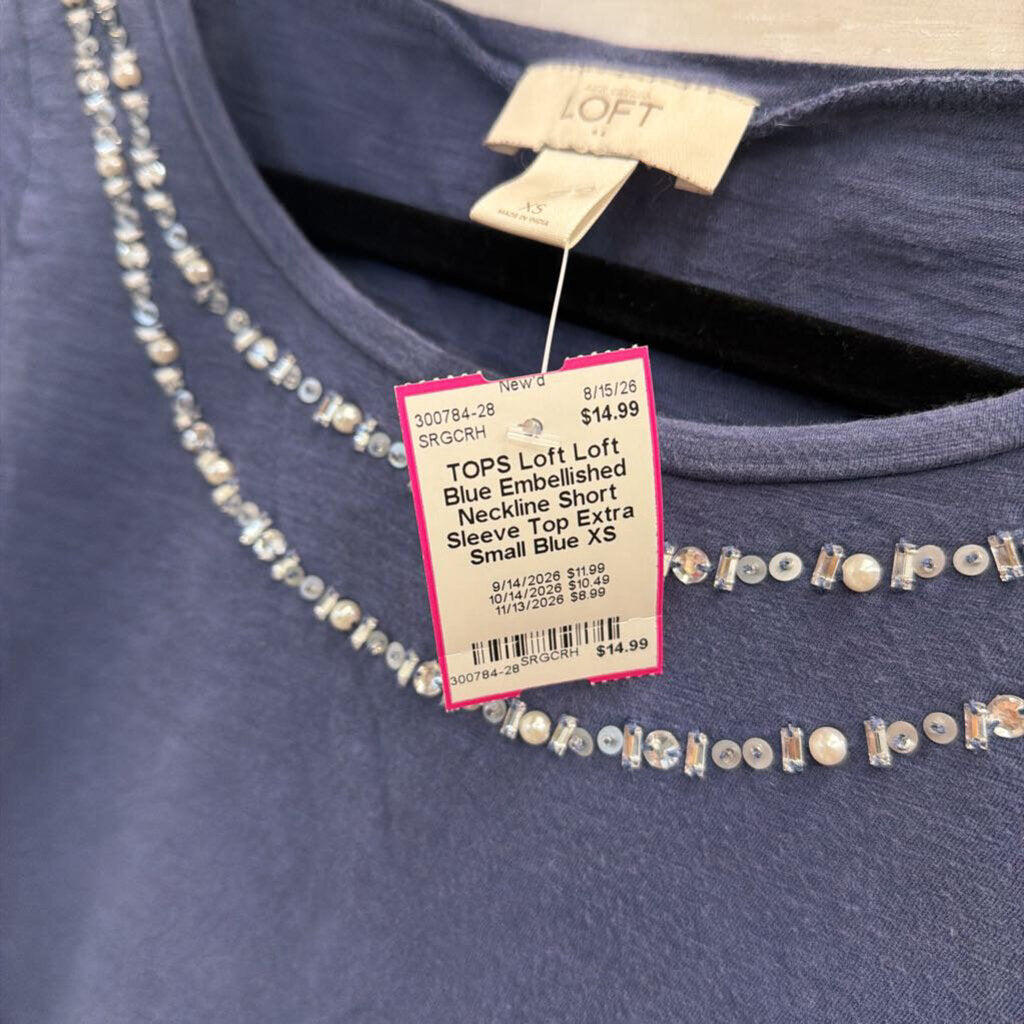 Loft Blue Embellished Neckline Short Sleeve Top Extra Small