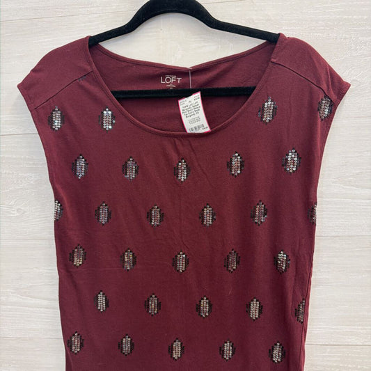 Loft Burgundy Sequin Print Short Sleeve Top Extra Small