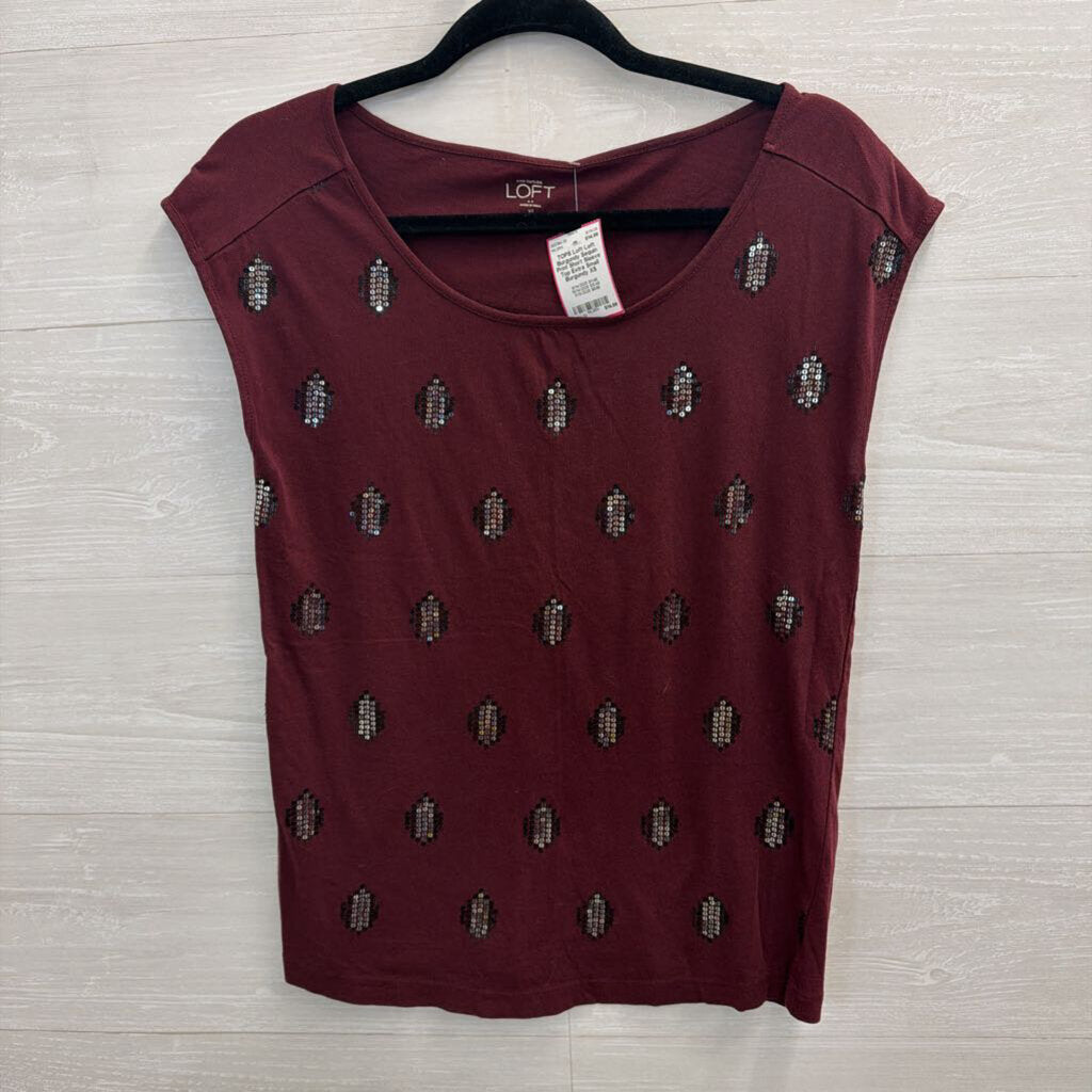 Loft Burgundy Sequin Print Short Sleeve Top Extra Small