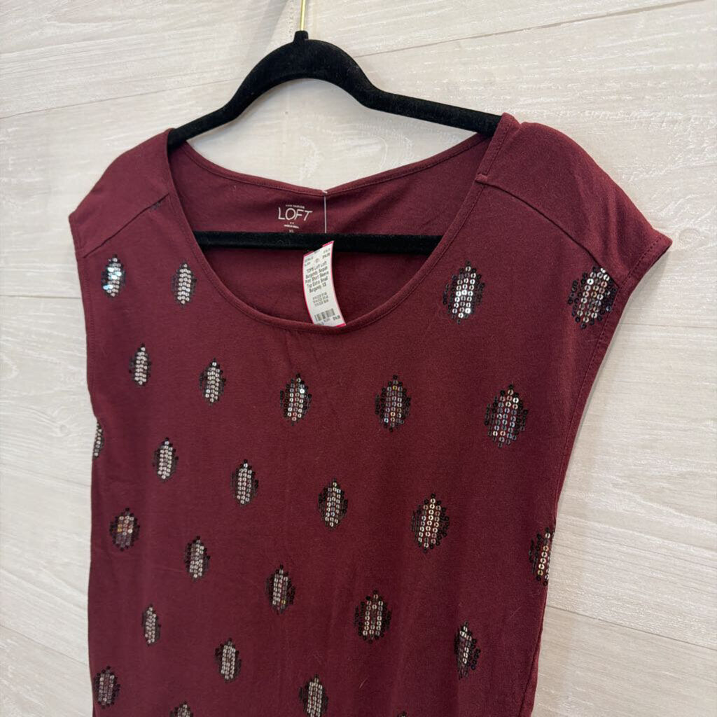 Loft Burgundy Sequin Print Short Sleeve Top Extra Small