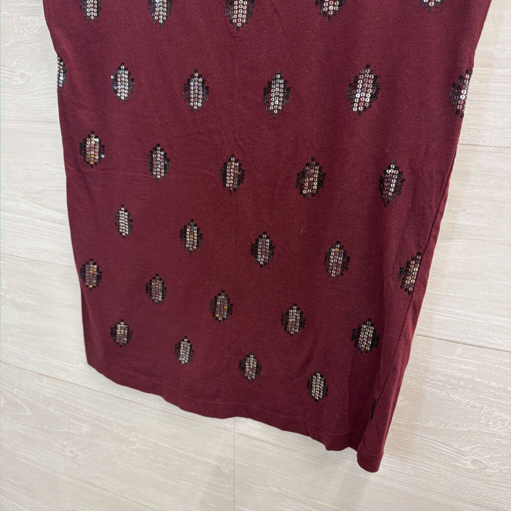 Loft Burgundy Sequin Print Short Sleeve Top Extra Small