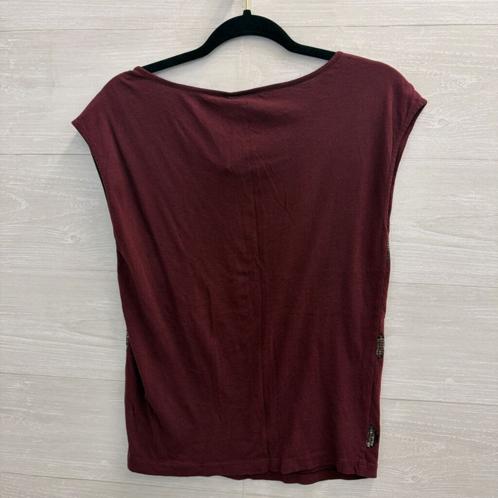 Loft Burgundy Sequin Print Short Sleeve Top Extra Small