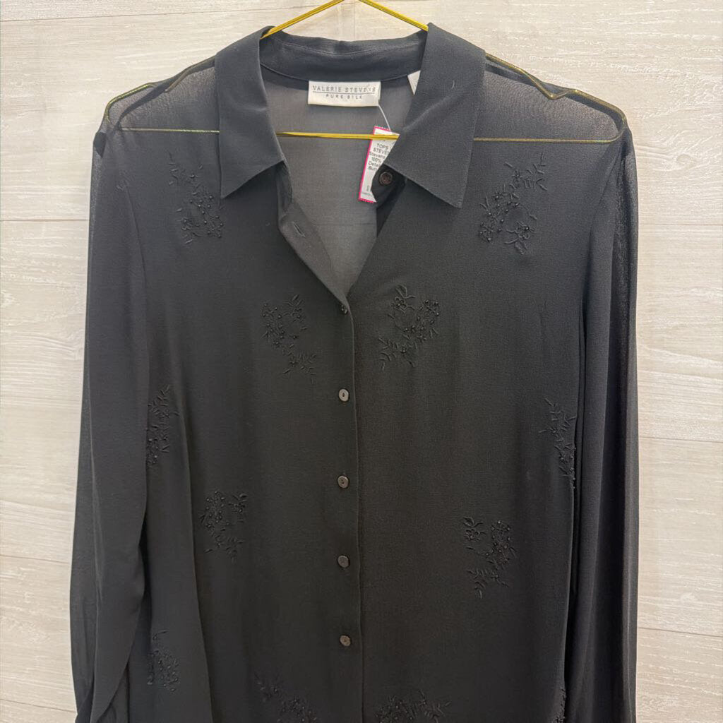 Valerie Stevens Black Sheer 100% Silk Beaded Detail Long Sleeve Button Down Top Medium