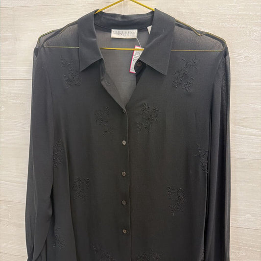 Valerie Stevens Black Sheer 100% Silk Beaded Detail Long Sleeve Button Down Top Medium