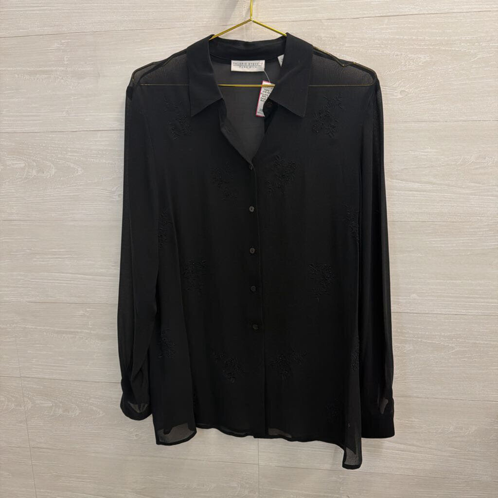 Valerie Stevens Black Sheer 100% Silk Beaded Detail Long Sleeve Button Down Top Medium