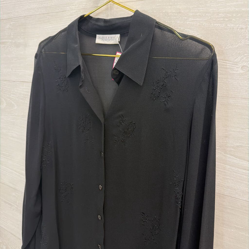 Valerie Stevens Black Sheer 100% Silk Beaded Detail Long Sleeve Button Down Top Medium
