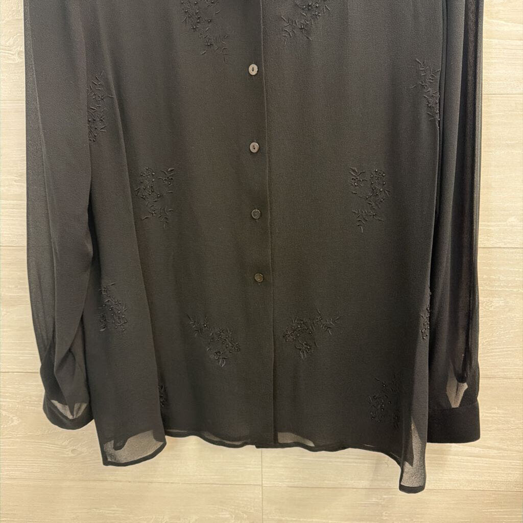 Valerie Stevens Black Sheer 100% Silk Beaded Detail Long Sleeve Button Down Top Medium