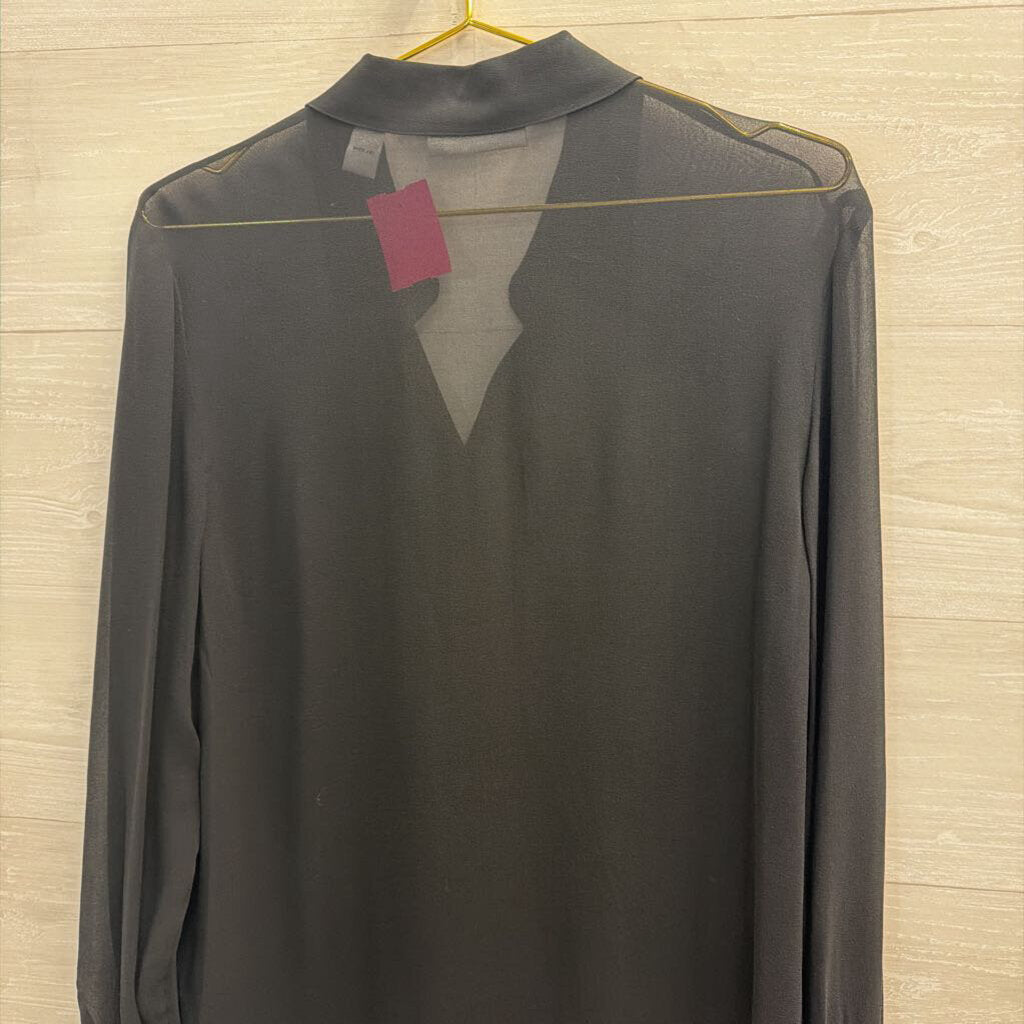 Valerie Stevens Black Sheer 100% Silk Beaded Detail Long Sleeve Button Down Top Medium