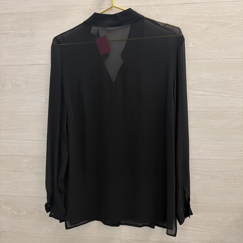 Valerie Stevens Black Sheer 100% Silk Beaded Detail Long Sleeve Button Down Top Medium