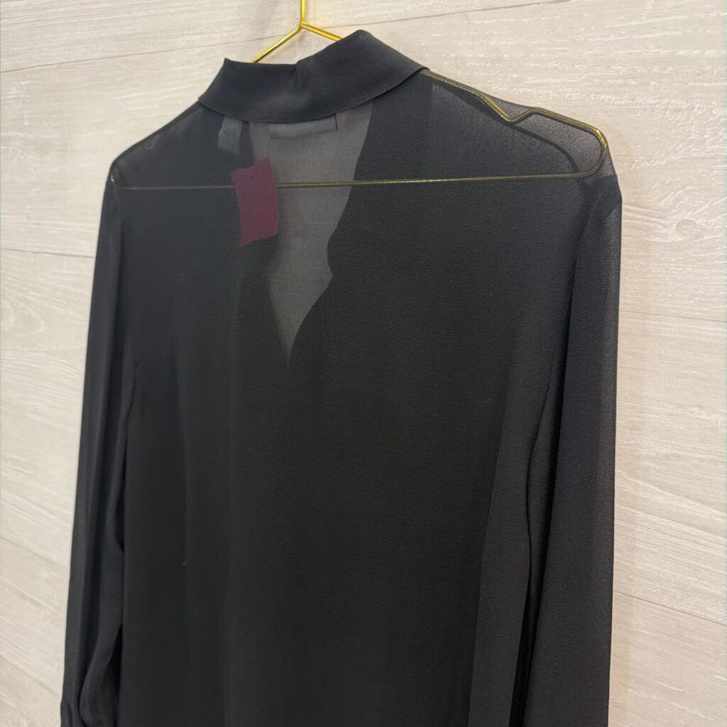 Valerie Stevens Black Sheer 100% Silk Beaded Detail Long Sleeve Button Down Top Medium