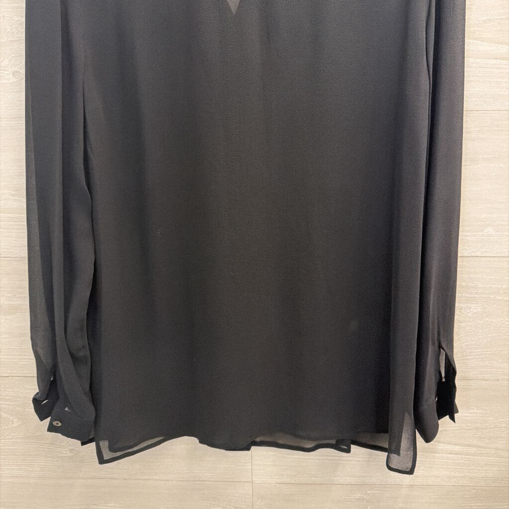 Valerie Stevens Black Sheer 100% Silk Beaded Detail Long Sleeve Button Down Top Medium