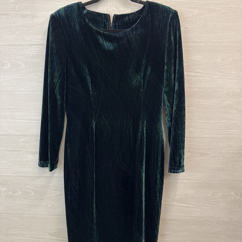 Vintage Green Print Velvet Long Sleeve Midi Formal Dress Large