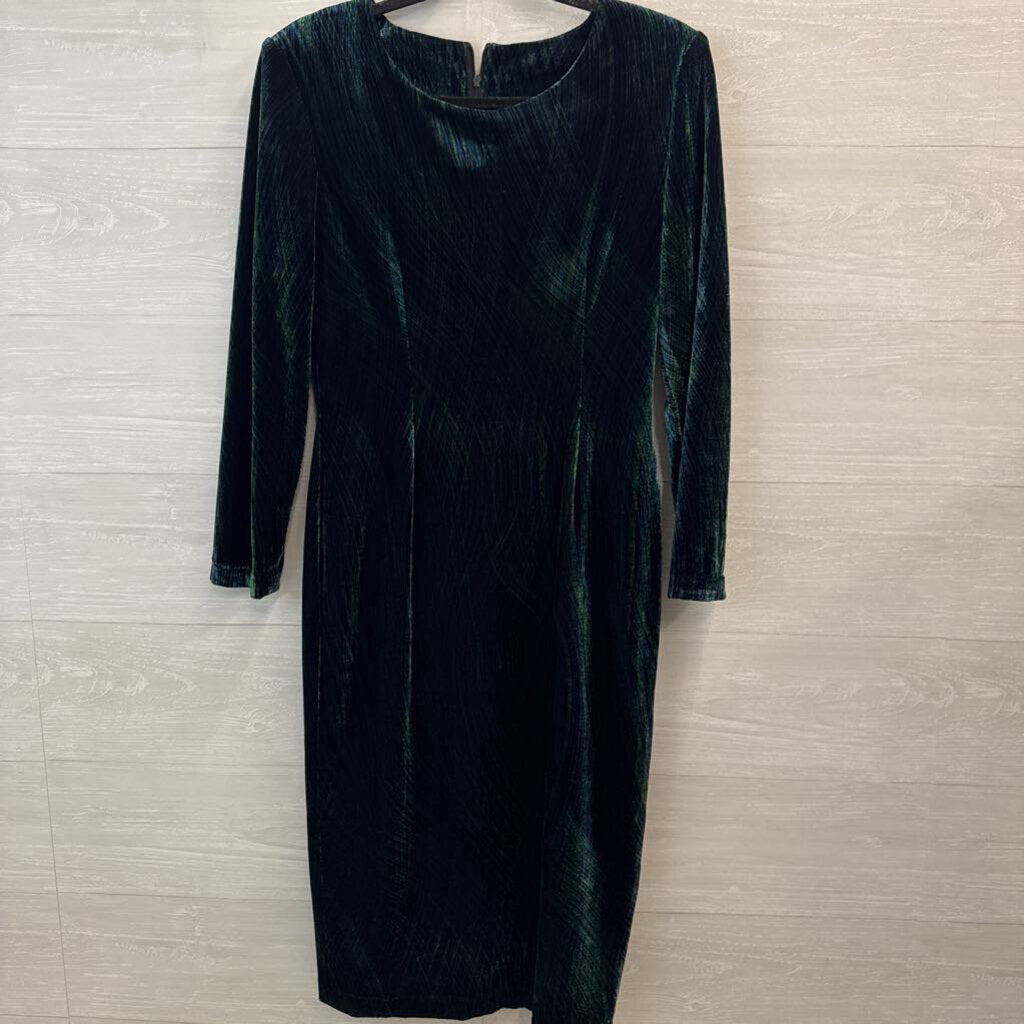 Vintage Green Print Velvet Long Sleeve Midi Formal Dress Large