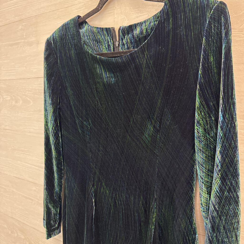 Vintage Green Print Velvet Long Sleeve Midi Formal Dress Large