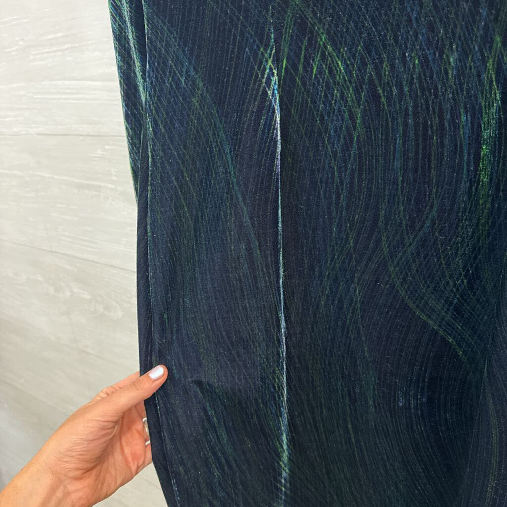 Vintage Green Print Velvet Long Sleeve Midi Formal Dress Large