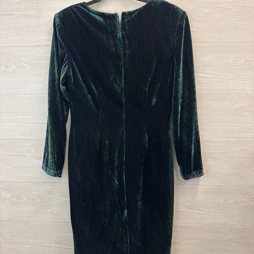 Vintage Green Print Velvet Long Sleeve Midi Formal Dress Large