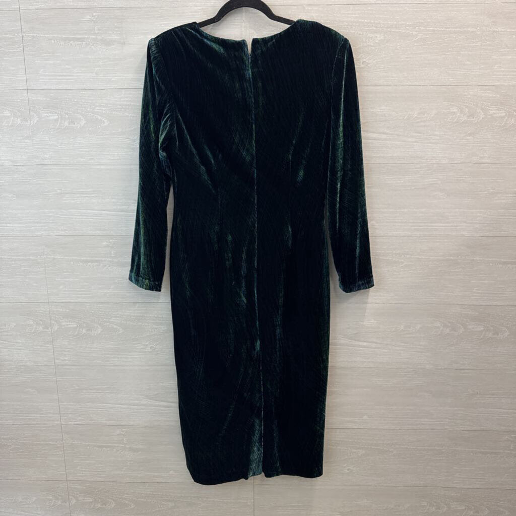 Vintage Green Print Velvet Long Sleeve Midi Formal Dress Large