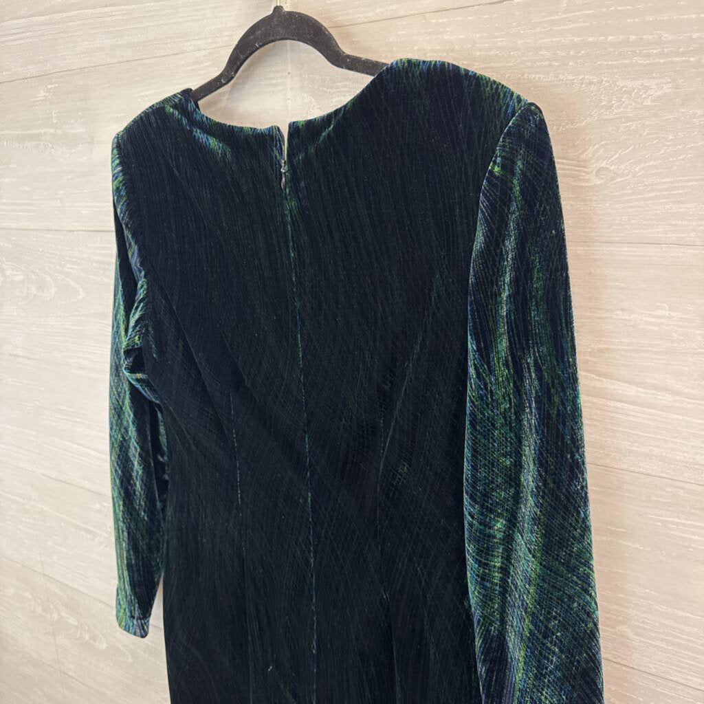 Vintage Green Print Velvet Long Sleeve Midi Formal Dress Large