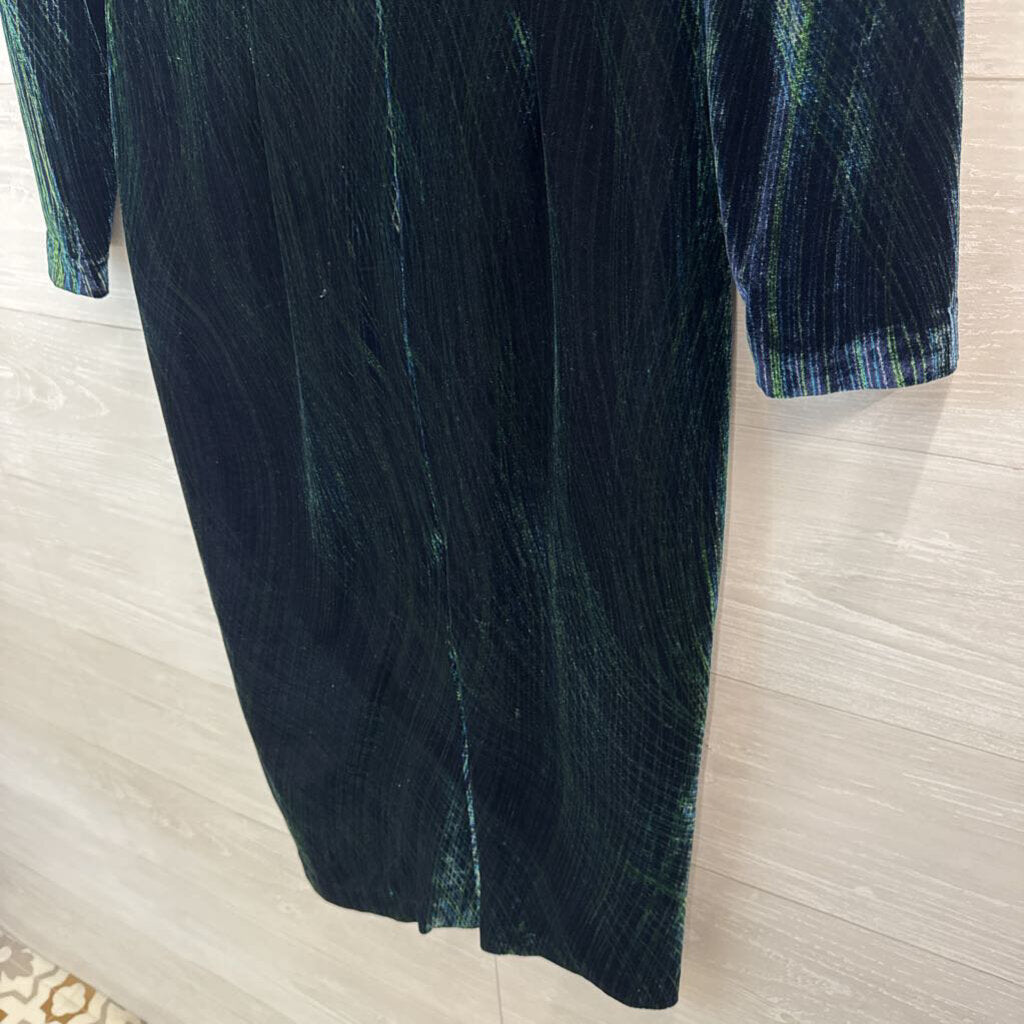 Vintage Green Print Velvet Long Sleeve Midi Formal Dress Large