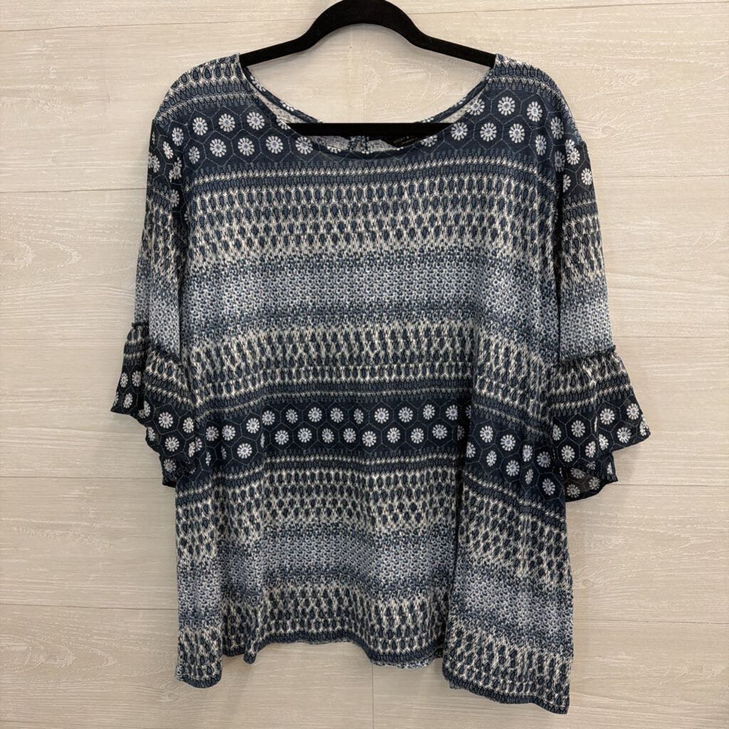 Lucky Brand Blue/ White Print Long Sleeve Top 3X