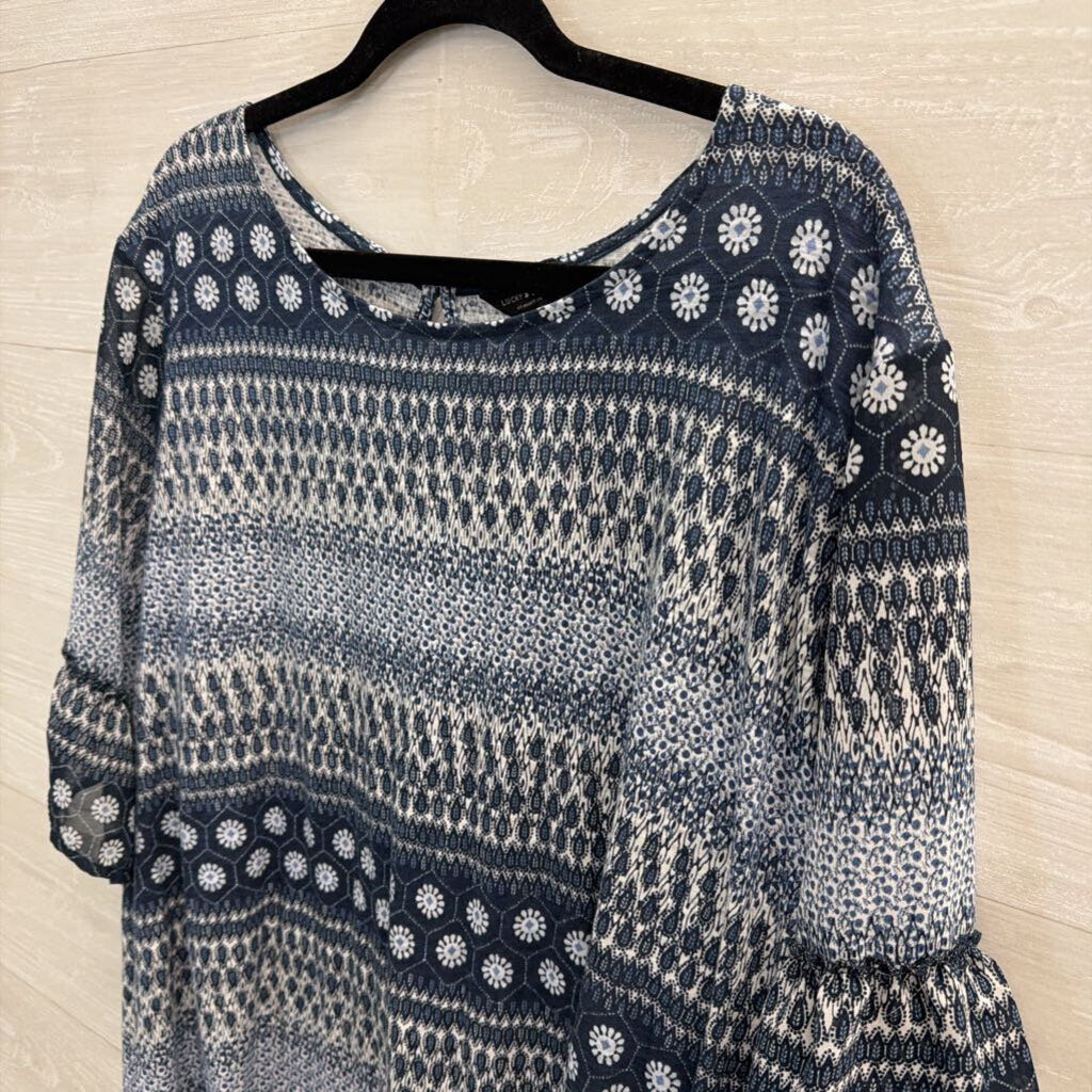 Lucky Brand Blue/ White Print Long Sleeve Top 3X