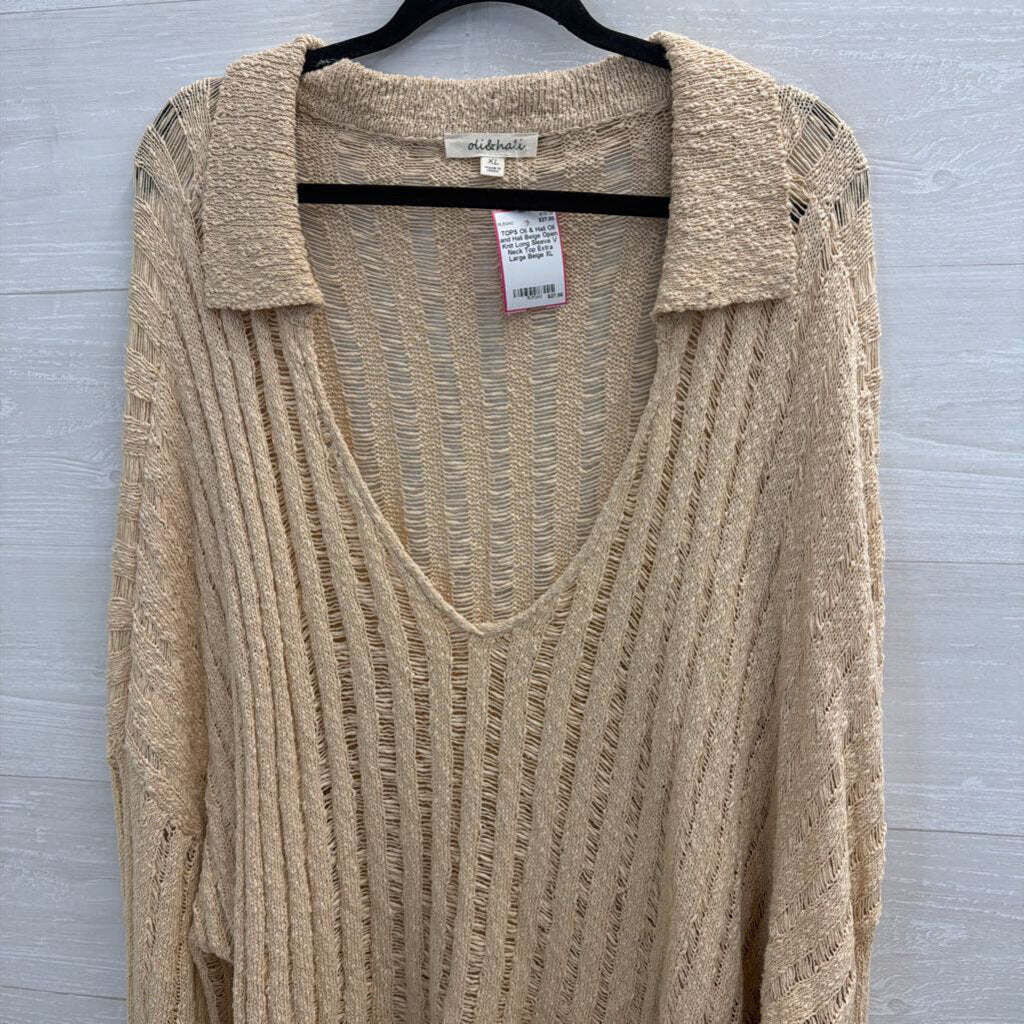 Oli and Hali Beige Open Knit Long Sleeve V Neck Top Extra Large