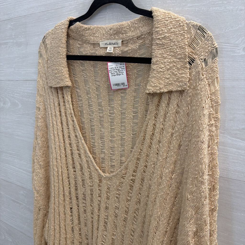 Oli and Hali Beige Open Knit Long Sleeve V Neck Top Extra Large