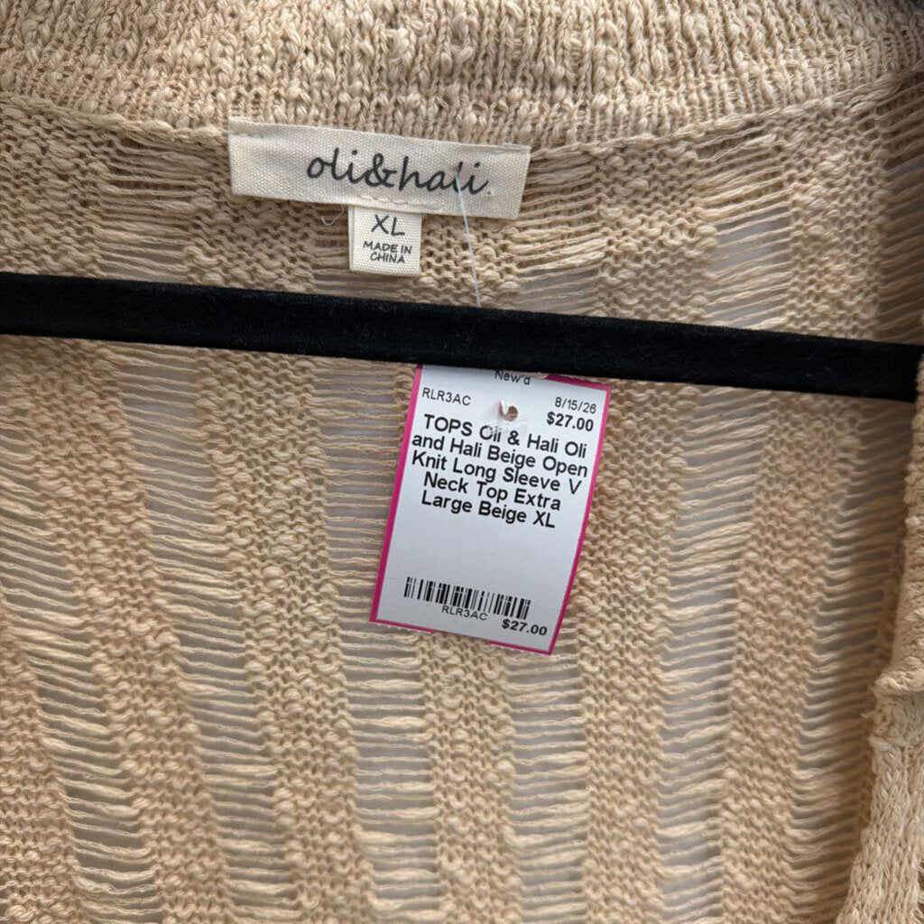 Oli and Hali Beige Open Knit Long Sleeve V Neck Top Extra Large