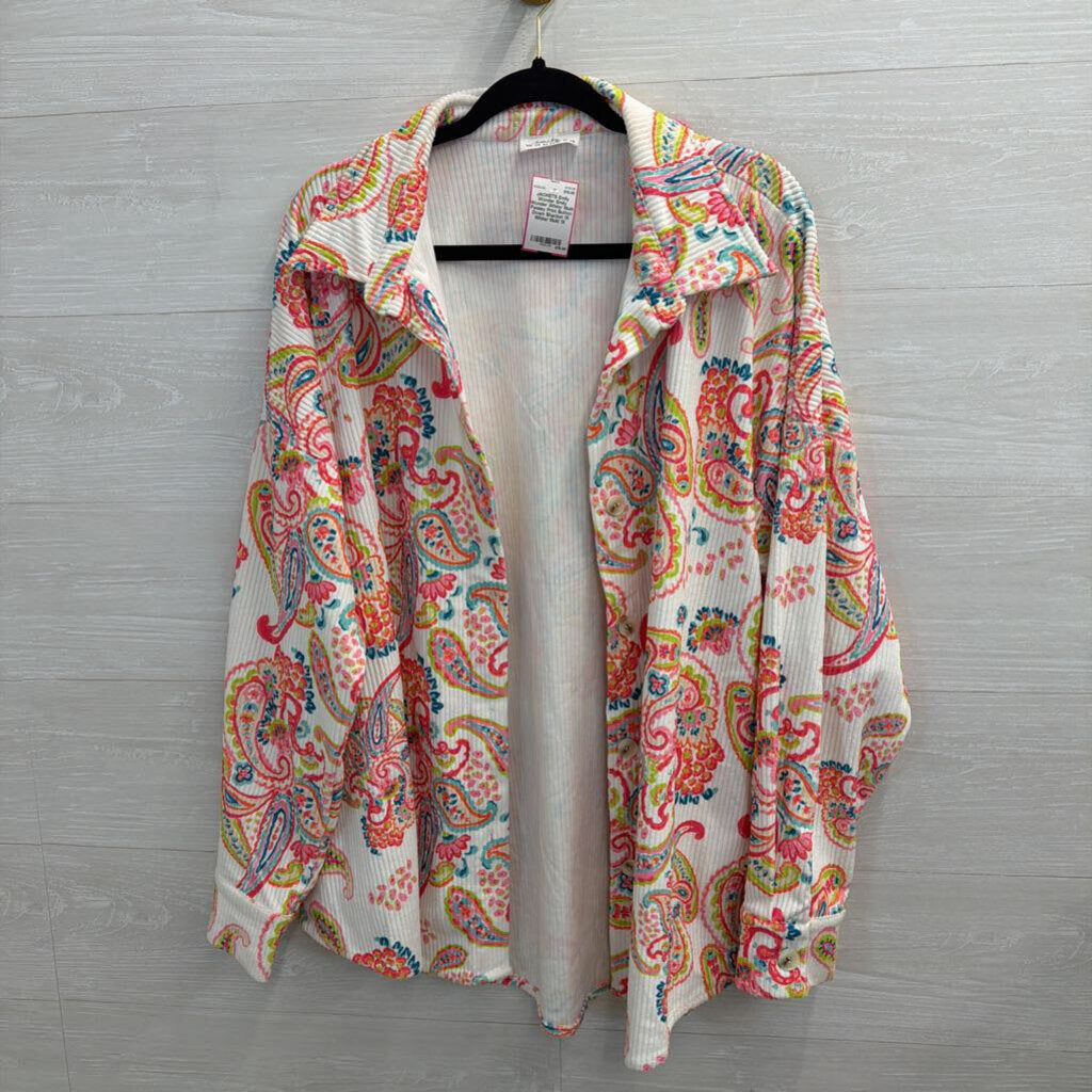 Emily Wonder White/ Multi Paisley Print Button Down Shacket 1X