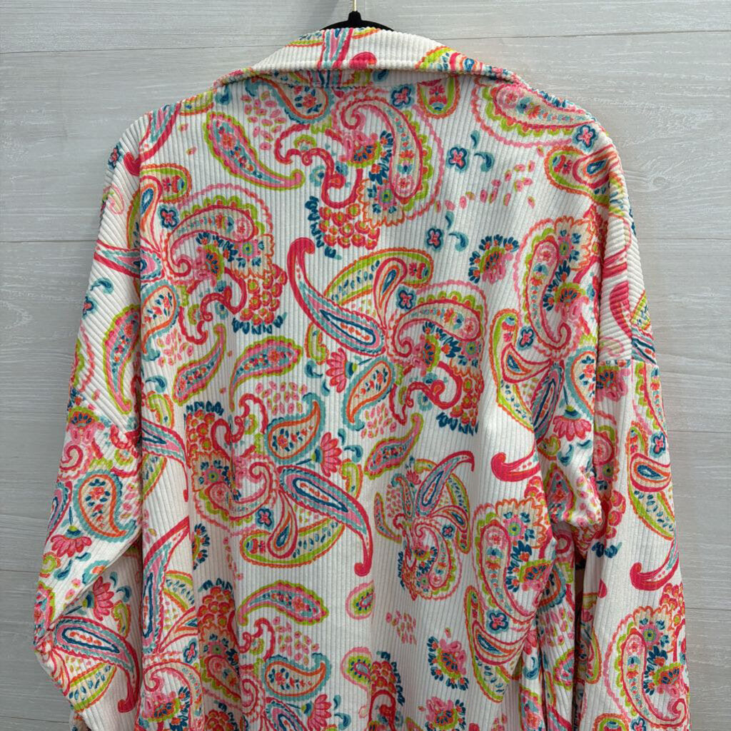 Emily Wonder White/ Multi Paisley Print Button Down Shacket 1X