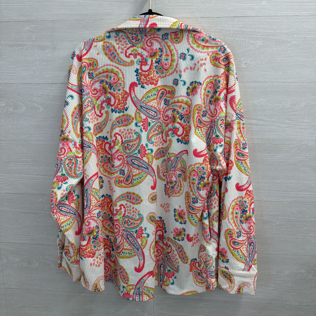 Emily Wonder White/ Multi Paisley Print Button Down Shacket 1X