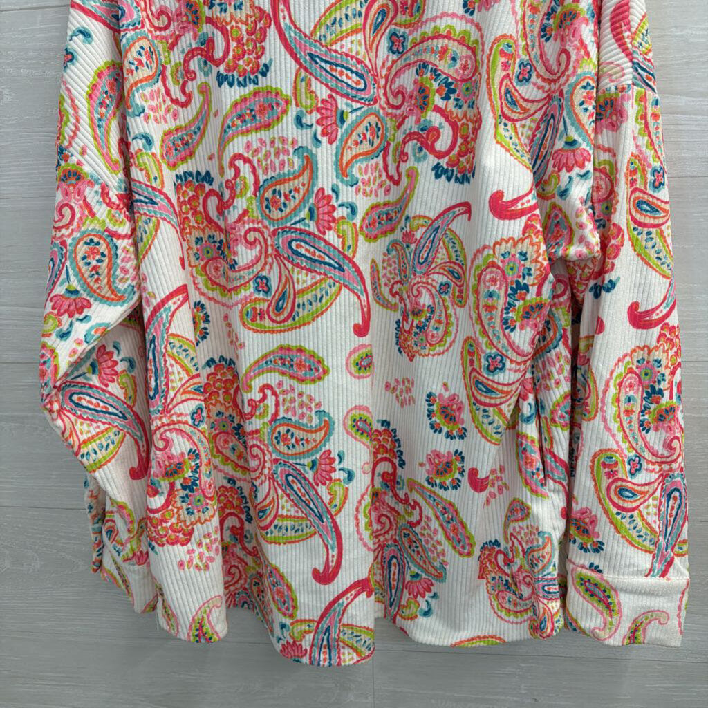 Emily Wonder White/ Multi Paisley Print Button Down Shacket 1X