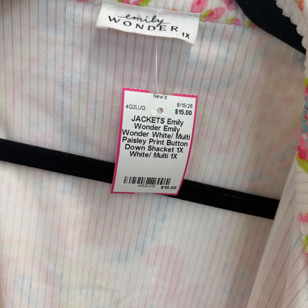 Emily Wonder White/ Multi Paisley Print Button Down Shacket 1X