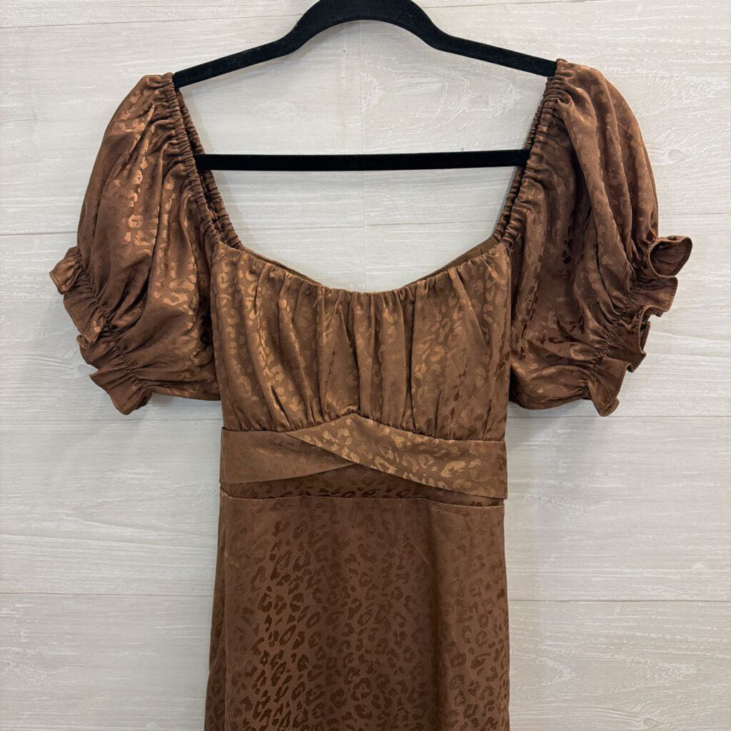 Mi Ami Brown Silky Leopard Print Short Puff Sleeve Dress Extra Large