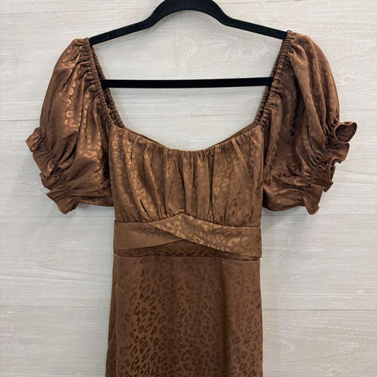 Mi Ami Brown Silky Leopard Print Short Puff Sleeve Dress Extra Large